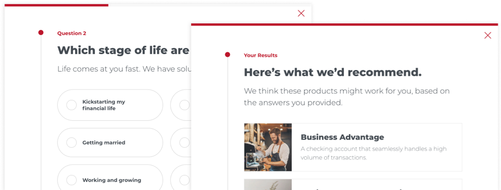 Financial advice quiz screens.